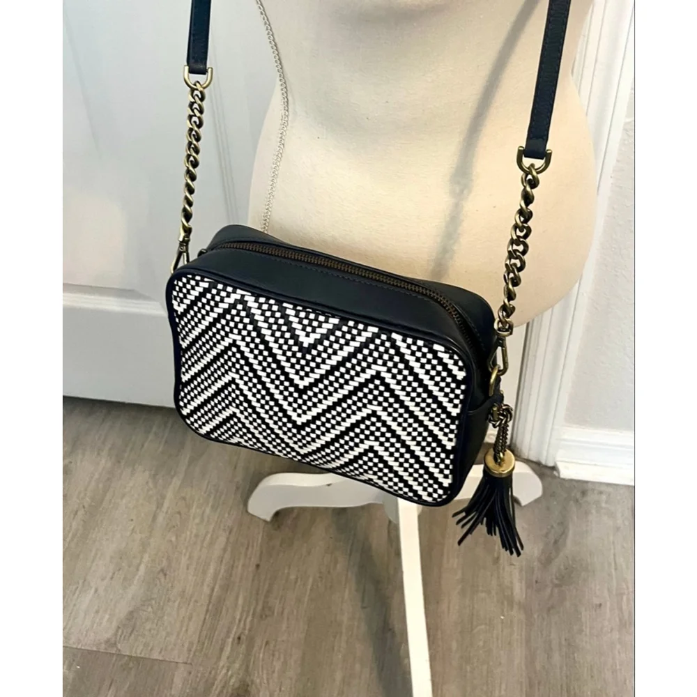 Michael Kors Woven Chevron Leather Camera Bag Navy Blue and Gold hardware
